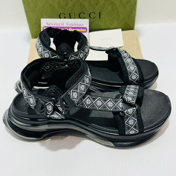 Gucci Run 10/US 10.5 Touch Strap Sandals Square G Jacquard Canvas Black NIB $970 - Picture 5 of 12